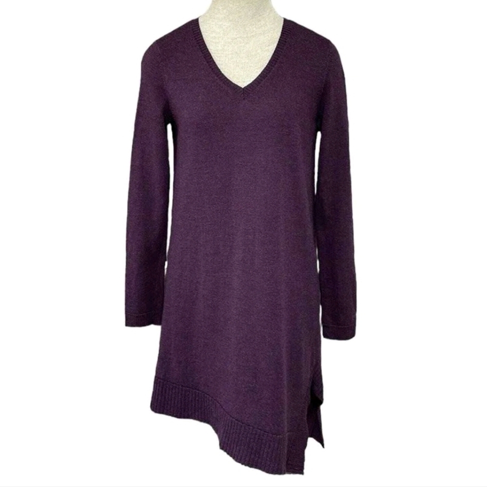 Eileen Fisher Merino Wool V Neck Assymetrical Tunic Sweater/Dress Plum Purple L
